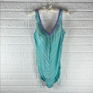 Vintage Robby Len Aqua Striped One-Piece Swimsuit with Purple Trim